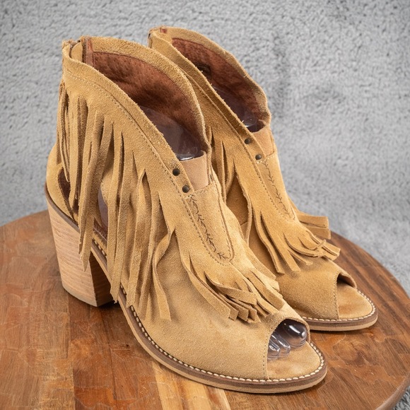 Musse & Cloud Shoes - Musse & Cloud Galia Womens Camel Suede Fringe Peep‎ Toe Ankle Bootie US 11 EU 41